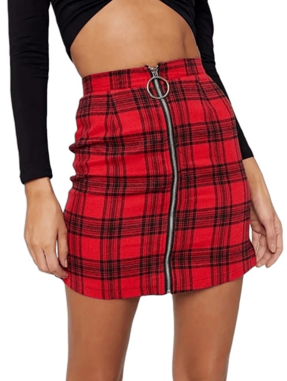 SHEIN Red Plaid Zip-Front Mini Skirt